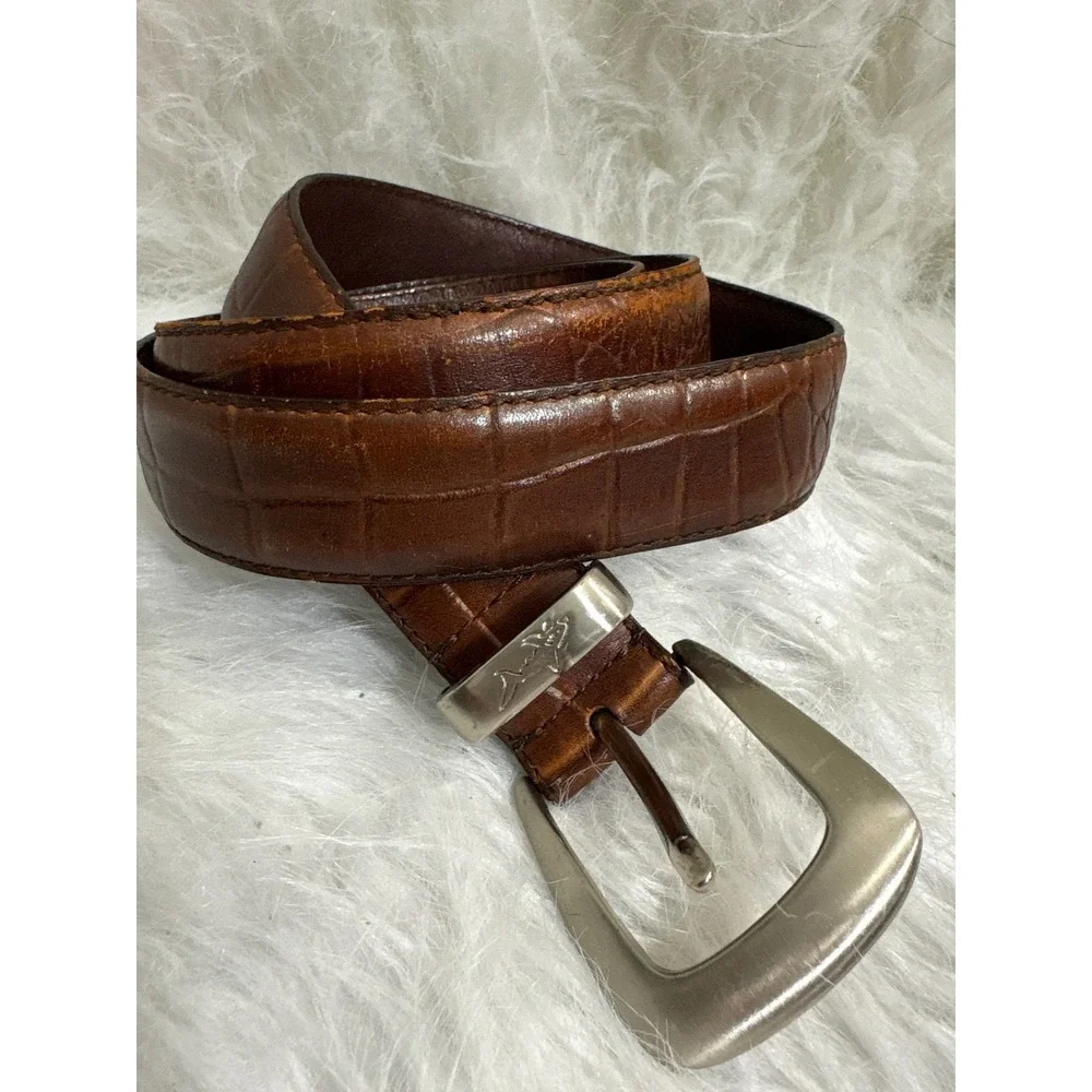 Greg Norman Brown Croc Embossed Leather Belt Silver Shark Logo Buckle Mens 37-40
